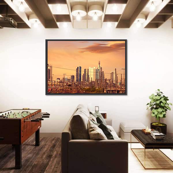 Skyline Of Frankfurt At Sunset Canvas Wall Art-3 Horizontal-Gallery Wrap-25" x 16"-Tiaracle