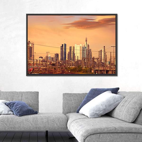 Skyline Of Frankfurt At Sunset Canvas Wall Art-3 Horizontal-Gallery Wrap-25" x 16"-Tiaracle
