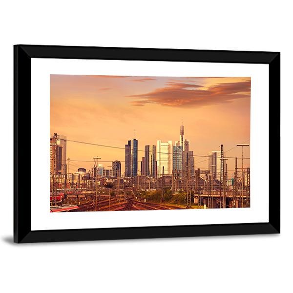 Skyline Of Frankfurt At Sunset Canvas Wall Art-3 Horizontal-Gallery Wrap-25" x 16"-Tiaracle