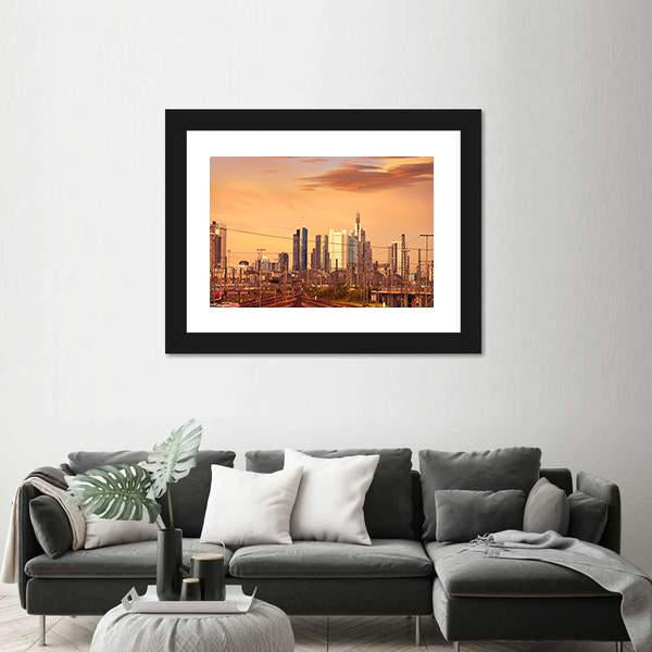 Skyline Of Frankfurt At Sunset Canvas Wall Art-3 Horizontal-Gallery Wrap-25" x 16"-Tiaracle