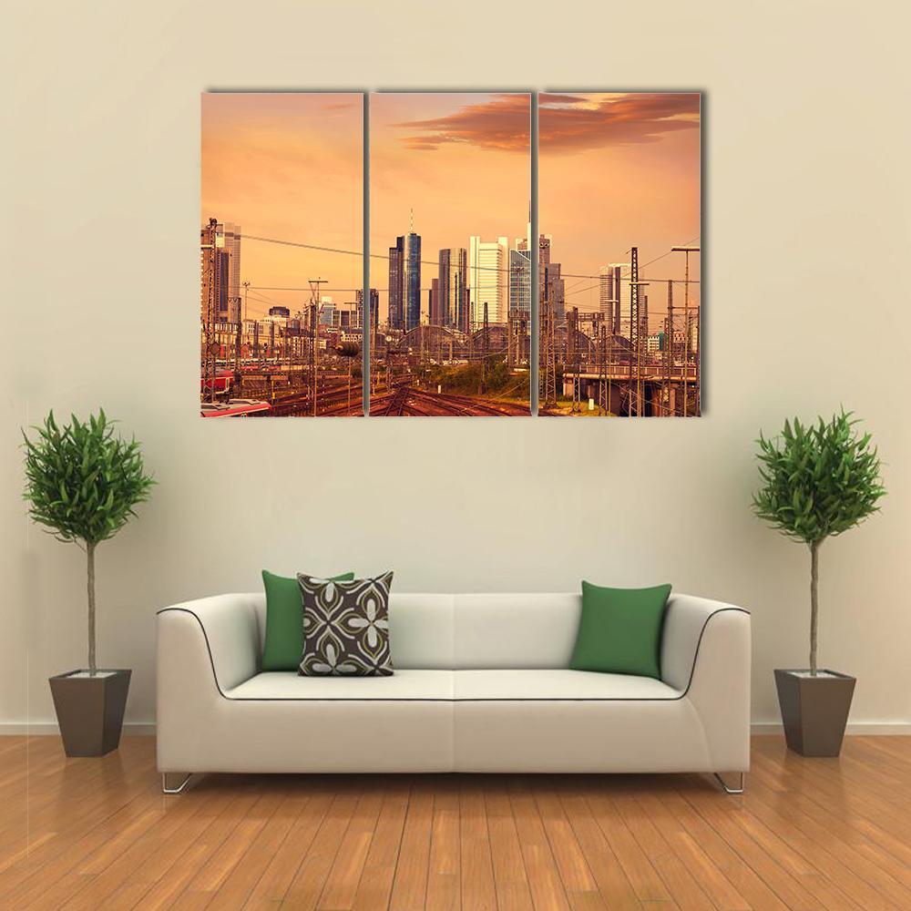 Skyline Of Frankfurt At Sunset Canvas Wall Art-3 Horizontal-Gallery Wrap-37" x 24"-Tiaracle