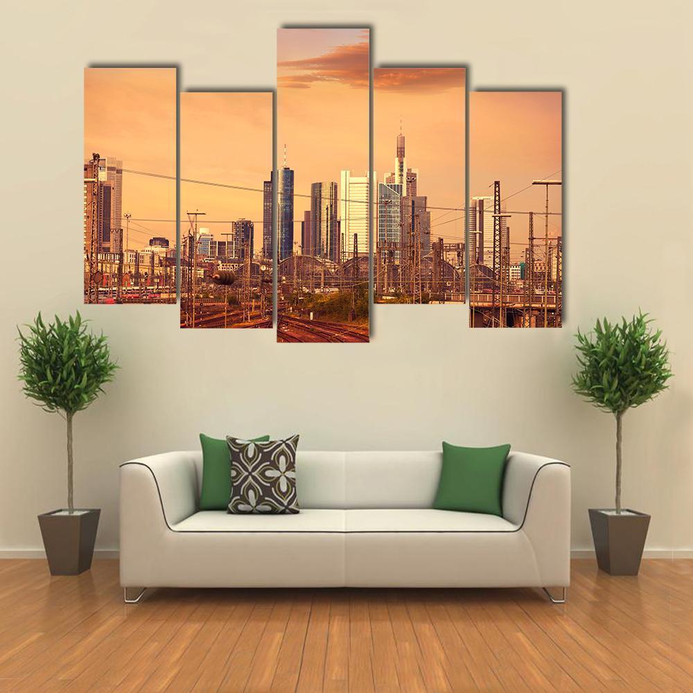 Skyline Of Frankfurt At Sunset Canvas Wall Art-5 Pop-Gallery Wrap-47" x 32"-Tiaracle