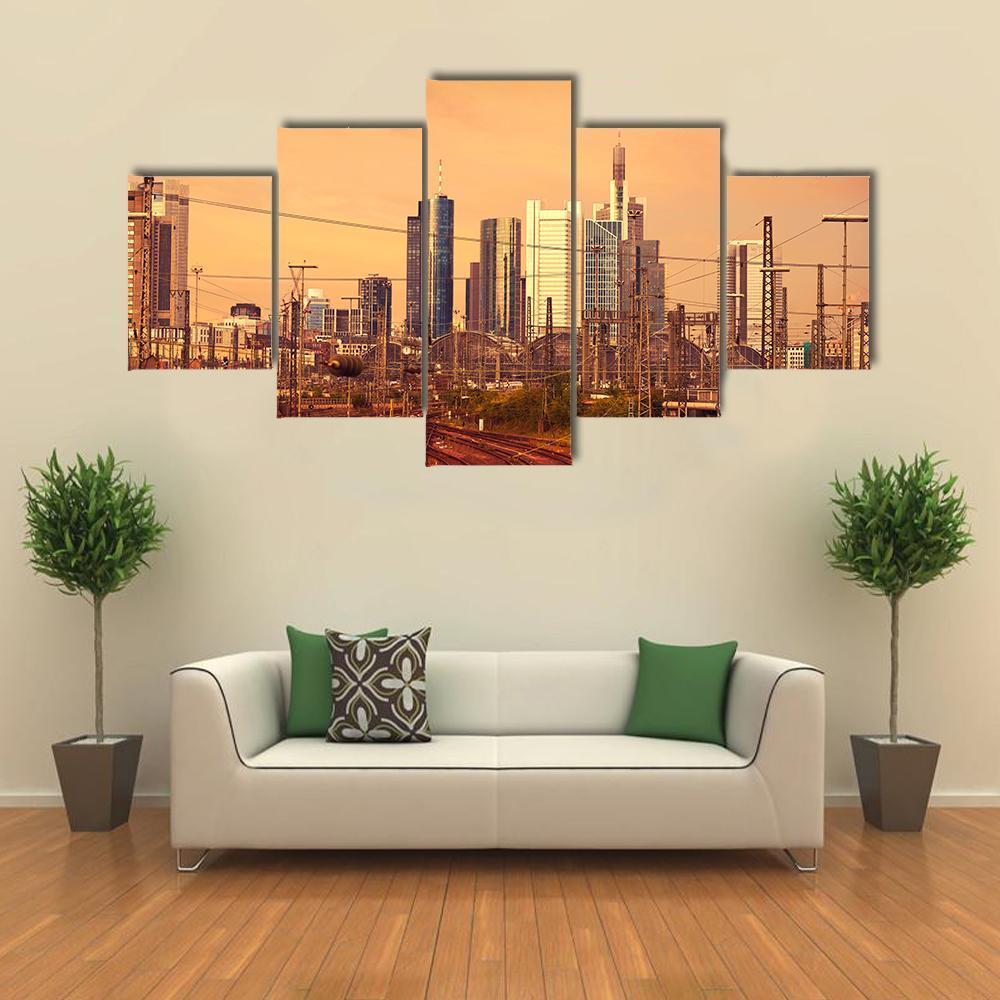 Skyline Of Frankfurt At Sunset Canvas Wall Art-5 Star-Gallery Wrap-62" x 32"-Tiaracle