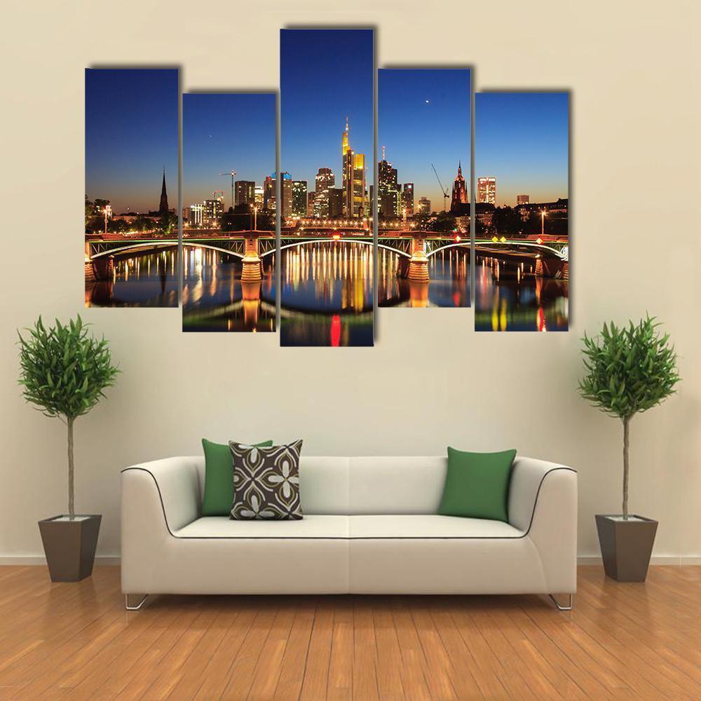 Skyline of Frankfurt On Main River Canvas Wall Art-5 Pop-Gallery Wrap-47" x 32"-Tiaracle