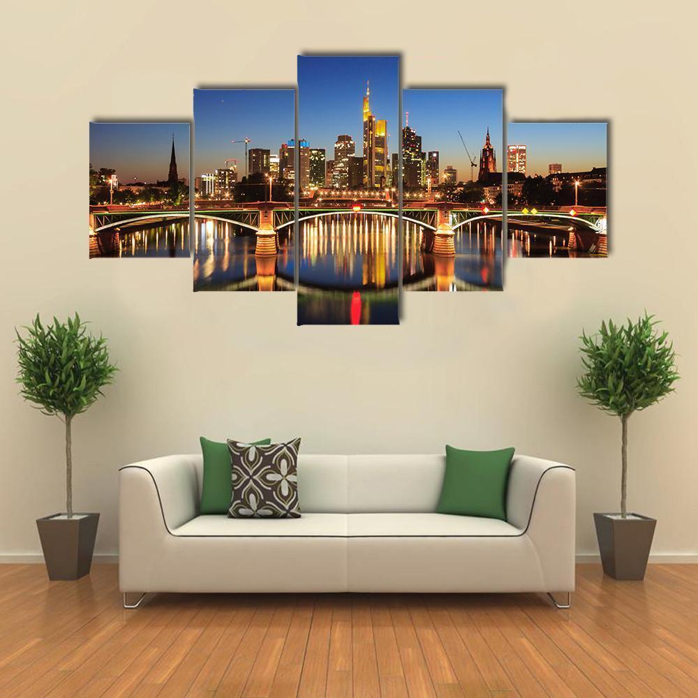 Skyline of Frankfurt On Main River Canvas Wall Art-5 Pop-Gallery Wrap-47" x 32"-Tiaracle