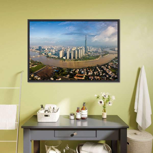 Ho Chi Minh City River Skyline Canvas Wall Art in gray, brown and blue, framed canvas, product view on a white background