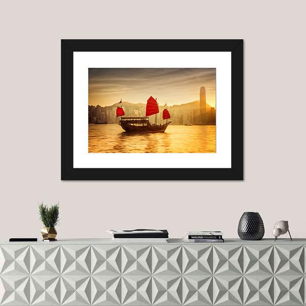 Skyline Of Hong Kong With Cruise Sailboat Canvas Wall Art-1 Piece-Framed Print-20" x 16"-Tiaracle