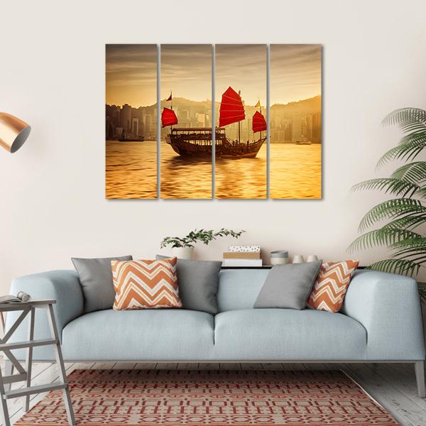 Skyline Of Hong Kong With Cruise Sailboat Canvas Wall Art-4 Horizontal-Gallery Wrap-34" x 24"-Tiaracle