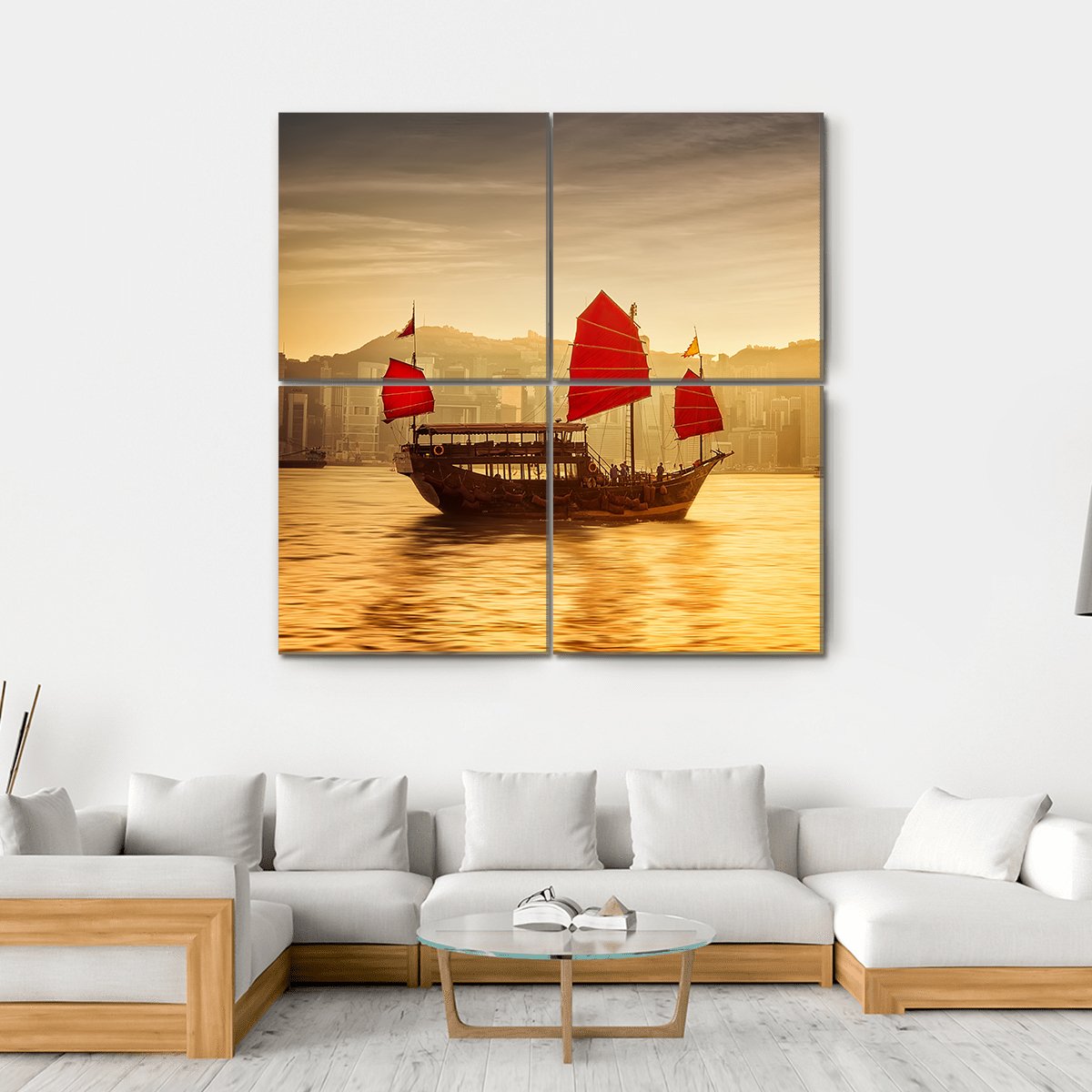 Skyline Of Hong Kong With Cruise Sailboat Canvas Wall Art-4 Square-Gallery Wrap-17" x 17"-Tiaracle