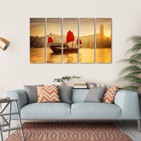 Skyline Of Hong Kong With Cruise Sailboat Canvas Wall Art-5 Horizontal-Gallery Wrap-22" x 12"-Tiaracle