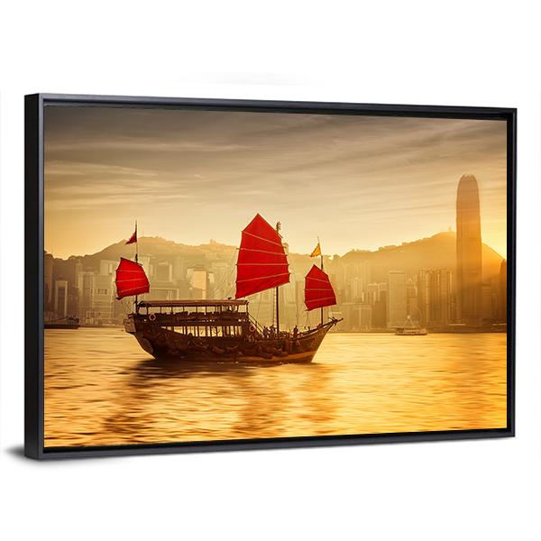 Skyline Of Hong Kong With Cruise Sailboat Canvas Wall Art-3 Horizontal-Gallery Wrap-25" x 16"-Tiaracle