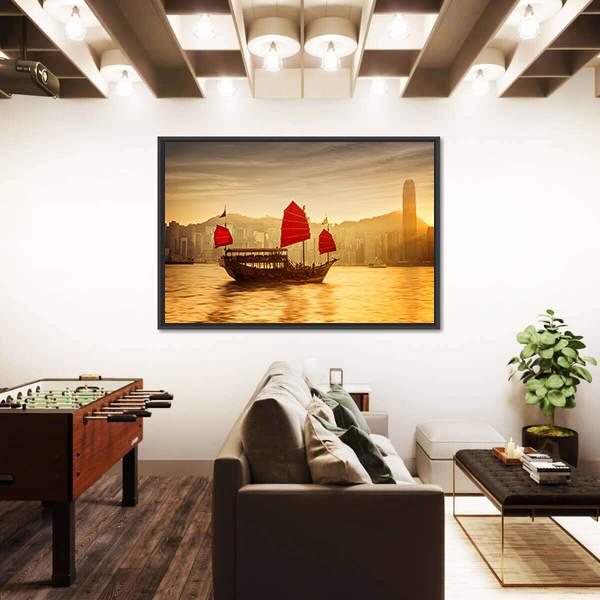 Skyline Of Hong Kong With Cruise Sailboat Canvas Wall Art-3 Horizontal-Gallery Wrap-25" x 16"-Tiaracle