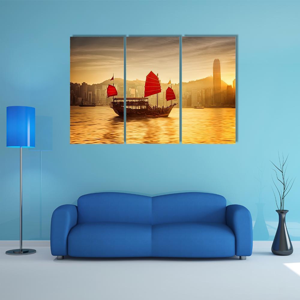 Skyline Of Hong Kong With Cruise Sailboat Canvas Wall Art-3 Horizontal-Gallery Wrap-37" x 24"-Tiaracle
