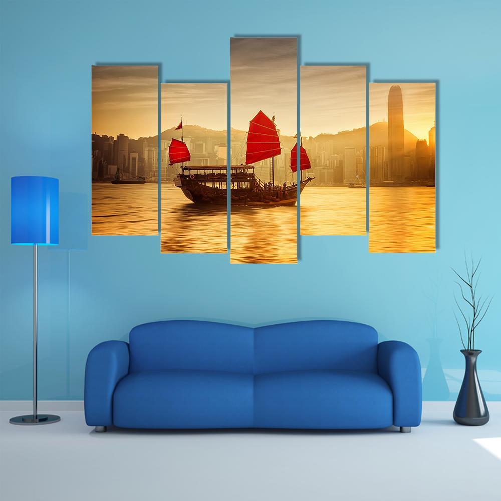 Skyline Of Hong Kong With Cruise Sailboat Canvas Wall Art-5 Pop-Gallery Wrap-47" x 32"-Tiaracle