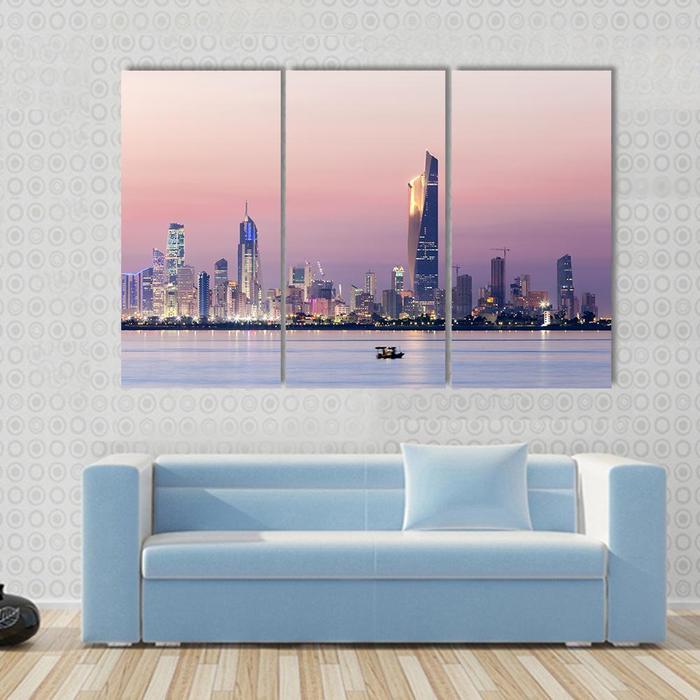 Skyline Of Kuwait City At Night Canvas Wall Art-3 Horizontal-Gallery Wrap-37" x 24"-Tiaracle
