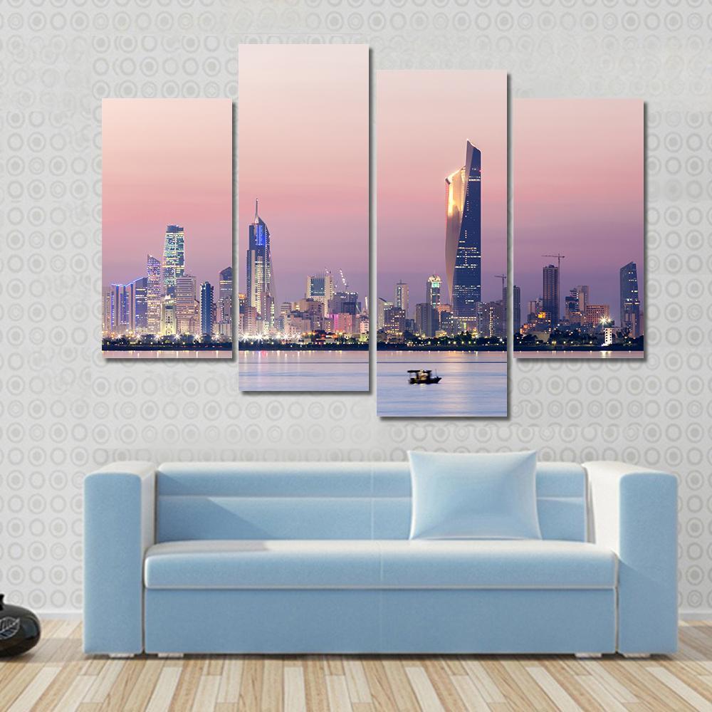 Skyline Of Kuwait City At Night Canvas Wall Art-4 Pop-Gallery Wrap-50" x 32"-Tiaracle
