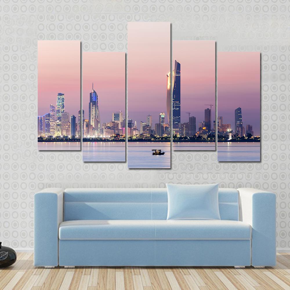 Skyline Of Kuwait City At Night Canvas Wall Art-5 Star-Gallery Wrap-62" x 32"-Tiaracle