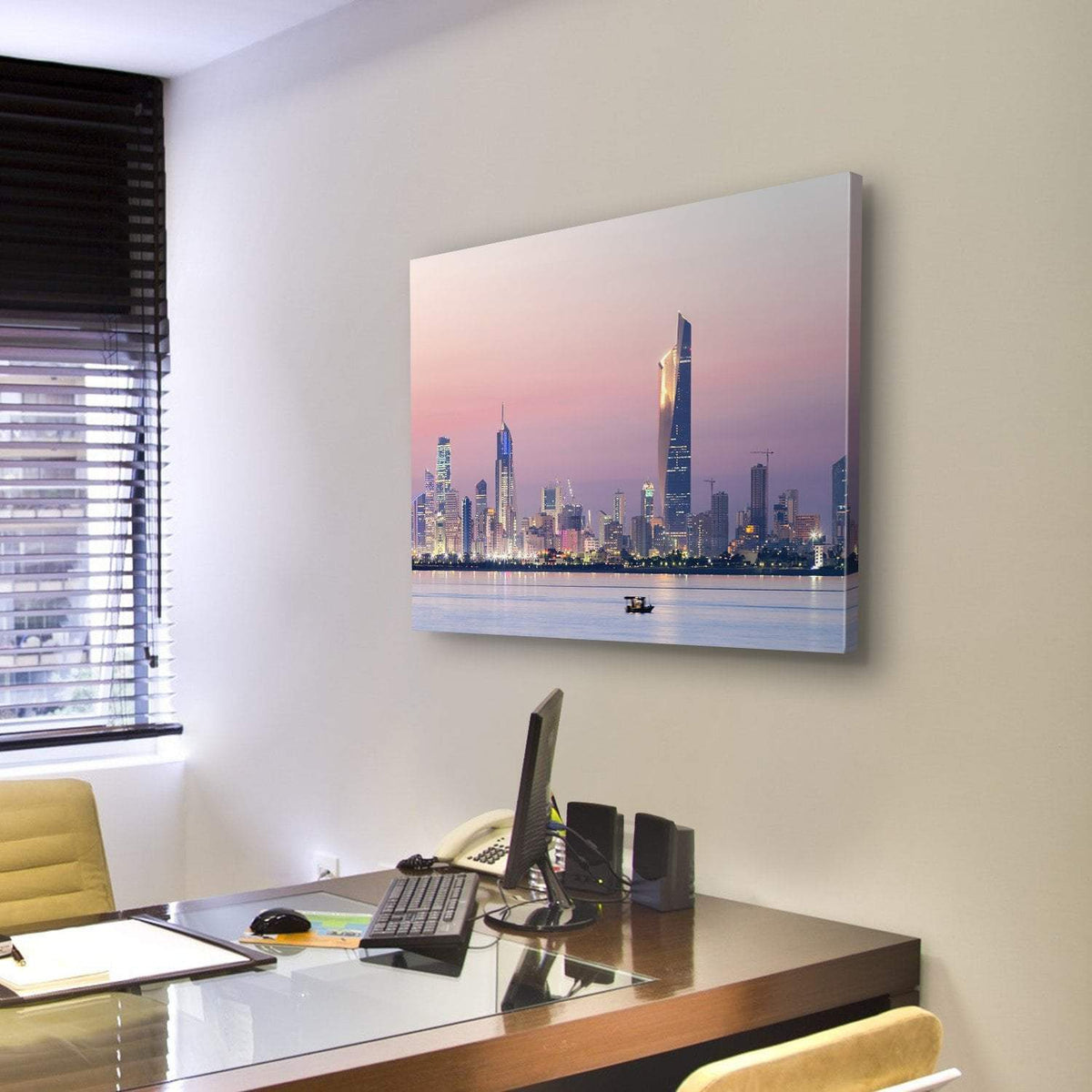 Skyline Of Kuwait City At Night Canvas Wall Art-3 Horizontal-Gallery Wrap-25" x 16"-Tiaracle