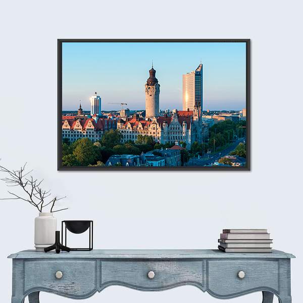 Skyline Of Leipzig With Town Hall At Sunset Canvas Wall Art-1 Piece-Floating Frame-24" x 16"-Tiaracle