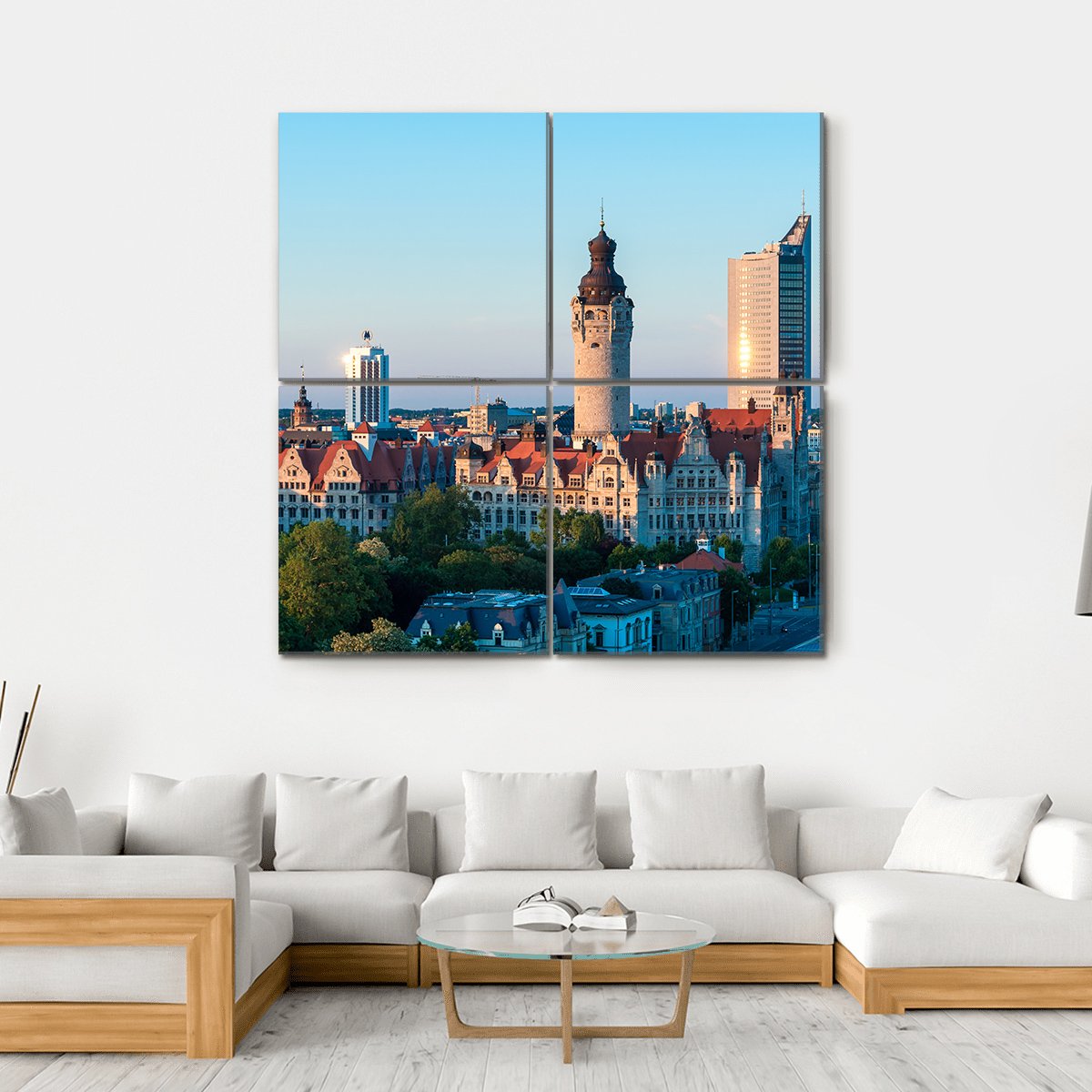 Skyline Of Leipzig With Town Hall At Sunset Canvas Wall Art-4 Square-Gallery Wrap-17" x 17"-Tiaracle