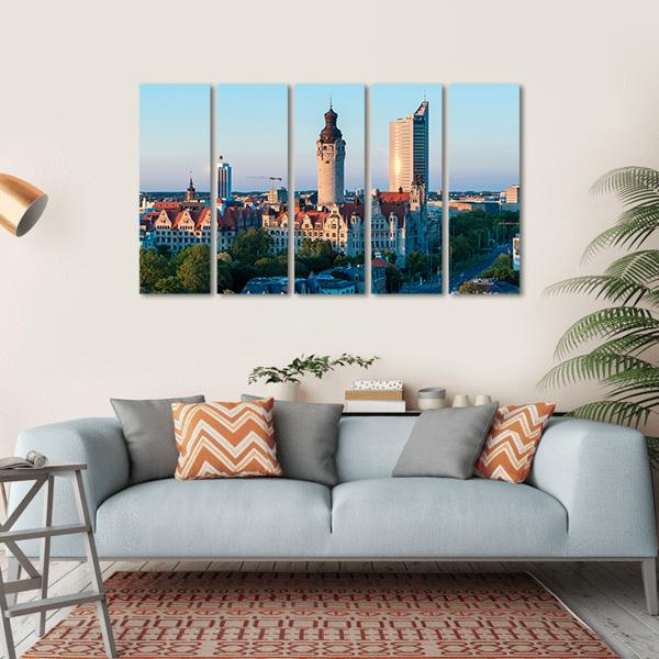 Skyline Of Leipzig With Town Hall At Sunset Canvas Wall Art-5 Horizontal-Gallery Wrap-22" x 12"-Tiaracle