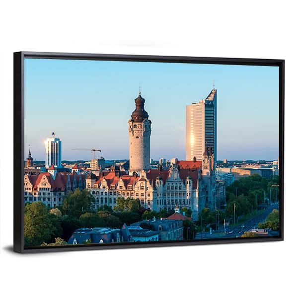 Skyline Of Leipzig With Town Hall At Sunset Canvas Wall Art-3 Horizontal-Gallery Wrap-25" x 16"-Tiaracle