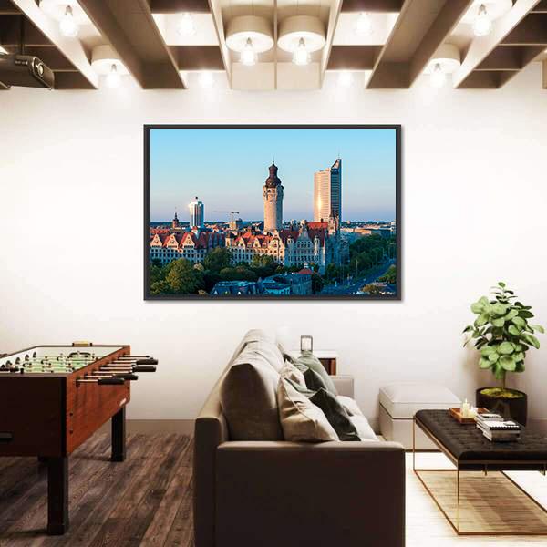Skyline Of Leipzig With Town Hall At Sunset Canvas Wall Art-3 Horizontal-Gallery Wrap-25" x 16"-Tiaracle