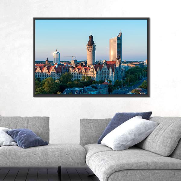 Skyline Of Leipzig With Town Hall At Sunset Canvas Wall Art-3 Horizontal-Gallery Wrap-25" x 16"-Tiaracle