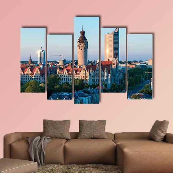 Skyline Of Leipzig With Town Hall At Sunset Canvas Wall Art-5 Pop-Gallery Wrap-47" x 32"-Tiaracle