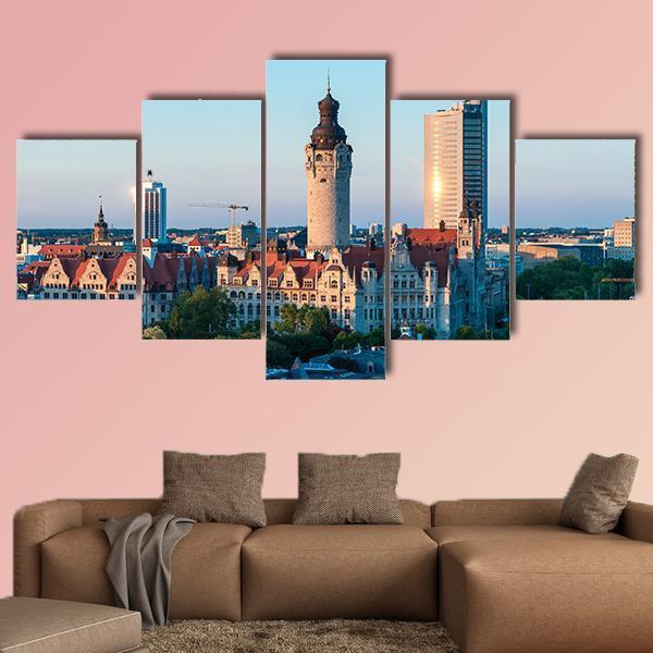 Skyline Of Leipzig With Town Hall At Sunset Canvas Wall Art-5 Star-Gallery Wrap-62" x 32"-Tiaracle