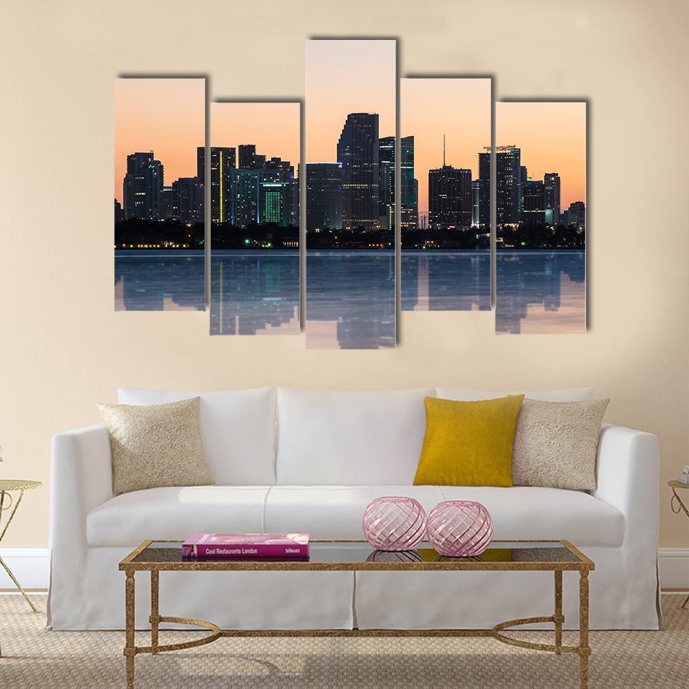Skyline Of Miami Beach At Sunset Canvas Wall Art-5 Pop-Gallery Wrap-47" x 32"-Tiaracle