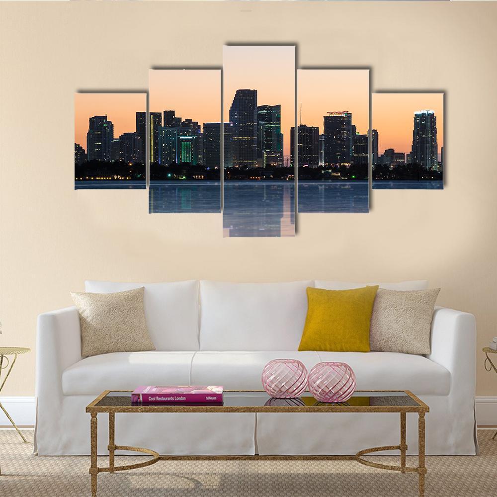 Skyline Of Miami Beach At Sunset Canvas Wall Art-5 Star-Gallery Wrap-62" x 32"-Tiaracle