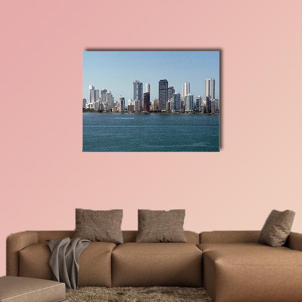 Cartagena New City Skyline Canvas Wall Art in white and blue, single panel hung on a wall