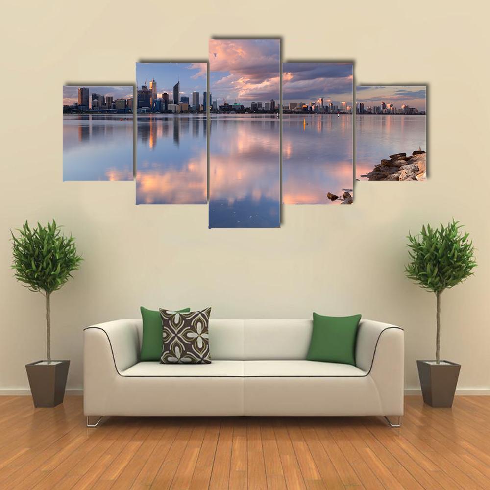 Skyline Of Perth Across The Swan River Canvas Wall Art-5 Star-Gallery Wrap-62" x 32"-Tiaracle