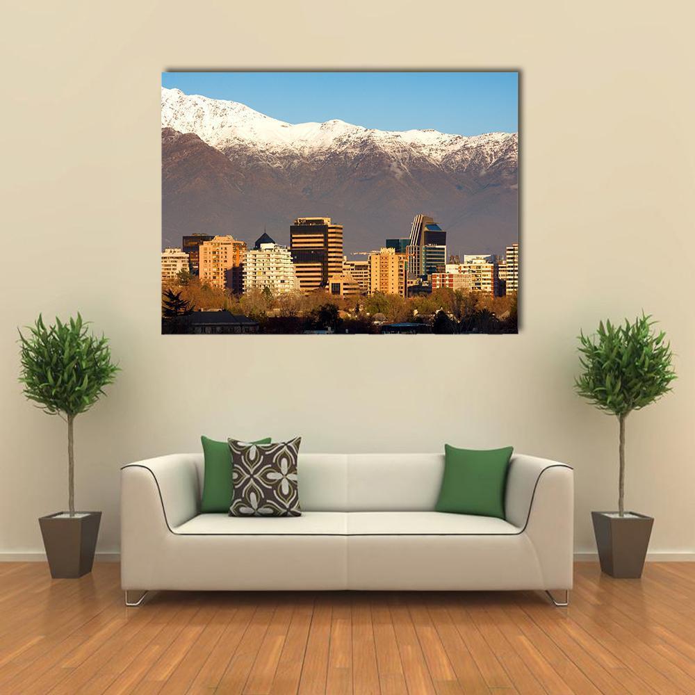 Providencia Skyline, Santiago De Chile Canvas Wall Art in white, brown and blue, single panel hung on a wall