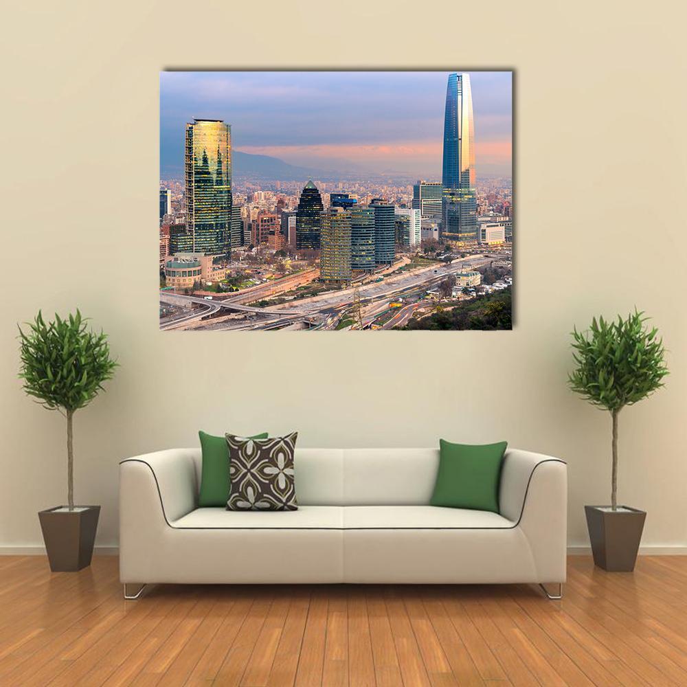 Santiago De Chile Skyline at Dusk Canvas Wall Art in gray, orange and blue, single panel hung on a wall