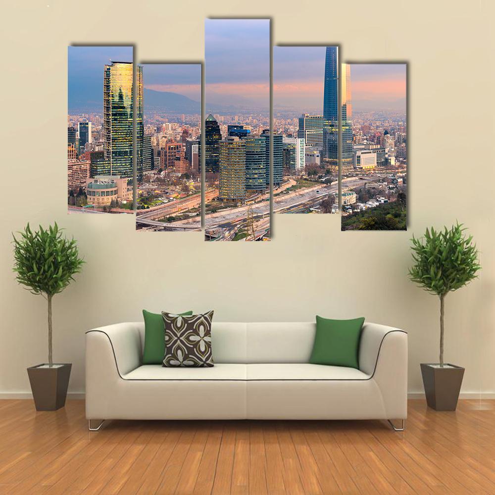 Skyline Of Santiago De Chile with Modern Buildings Canvas Wall Art-5 Pop-Gallery Wrap-47" x 32"-Tiaracle