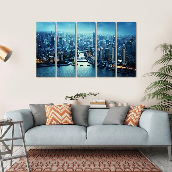 Skyline Of Shanghai At Sunset China Canvas Wall Art-5 Horizontal-Gallery Wrap-22&quot; x 12&quot;-Tiaracle