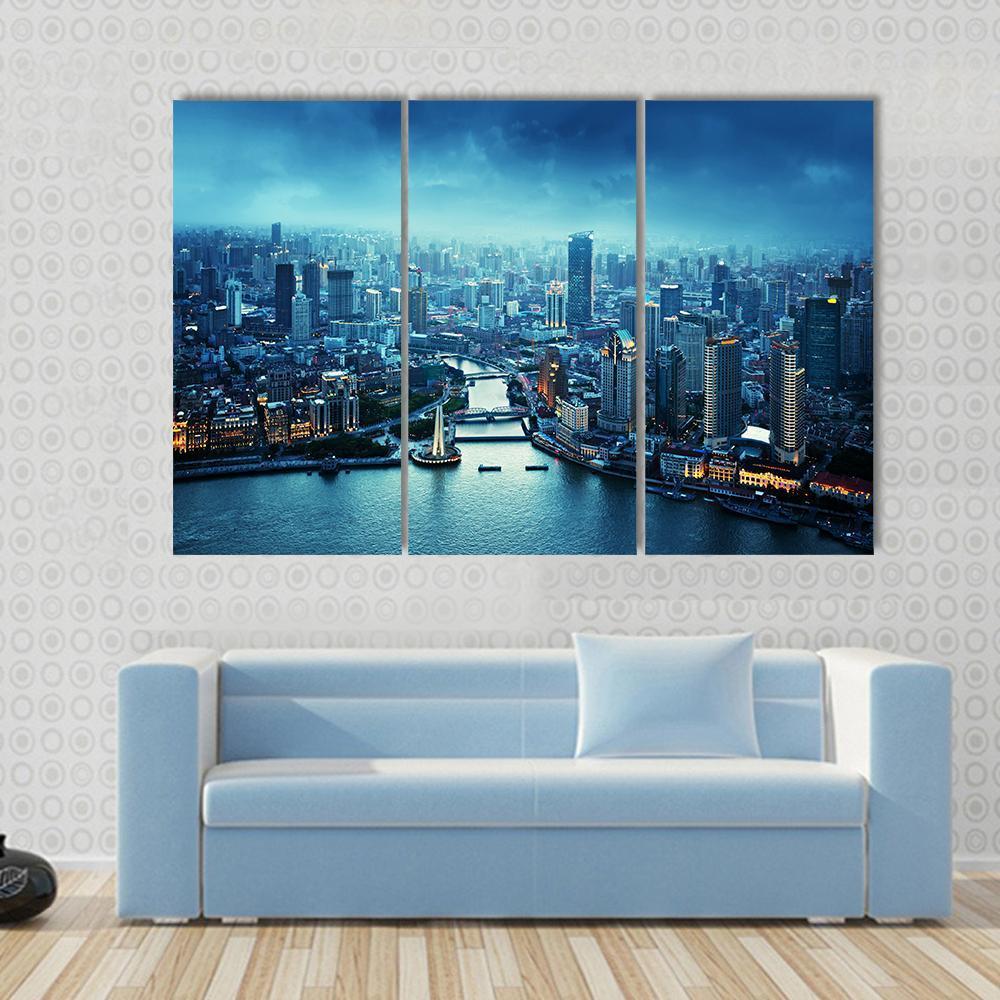 Skyline Of Shanghai At Sunset China Canvas Wall Art-3 Horizontal-Gallery Wrap-37" x 24"-Tiaracle