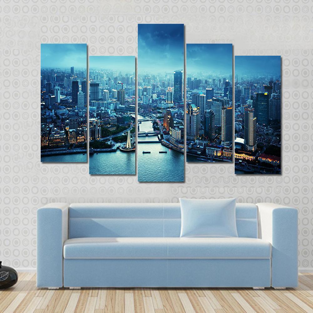 Skyline Of Shanghai At Sunset China Canvas Wall Art-5 Pop-Gallery Wrap-47" x 32"-Tiaracle