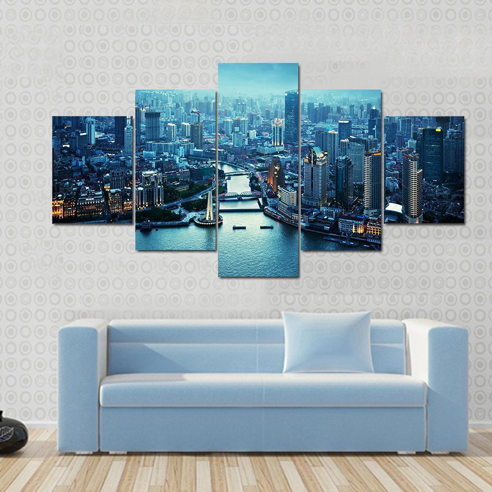 Skyline Of Shanghai At Sunset China Canvas Wall Art-5 Star-Gallery Wrap-62&quot; x 32&quot;-Tiaracle
