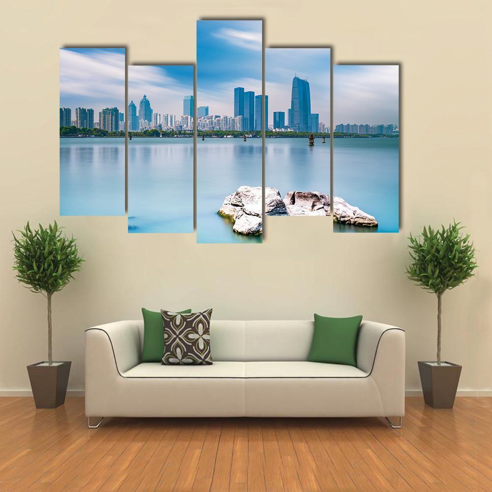 Skyline Of Suzhou Jinji Lake Canvas Wall Art-5 Pop-Gallery Wrap-47" x 32"-Tiaracle