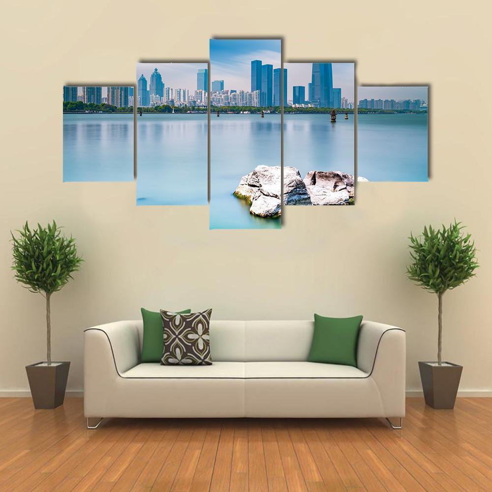 Skyline Of Suzhou Jinji Lake Canvas Wall Art-5 Star-Gallery Wrap-62" x 32"-Tiaracle