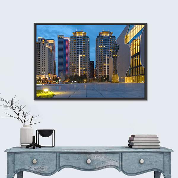 Skyline Of Taichung City In Taiwan At Night Canvas Wall Art-1 Piece-Floating Frame-24" x 16"-Tiaracle