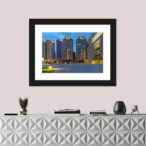 Skyline Of Taichung City In Taiwan At Night Canvas Wall Art-1 Piece-Framed Print-20" x 16"-Tiaracle