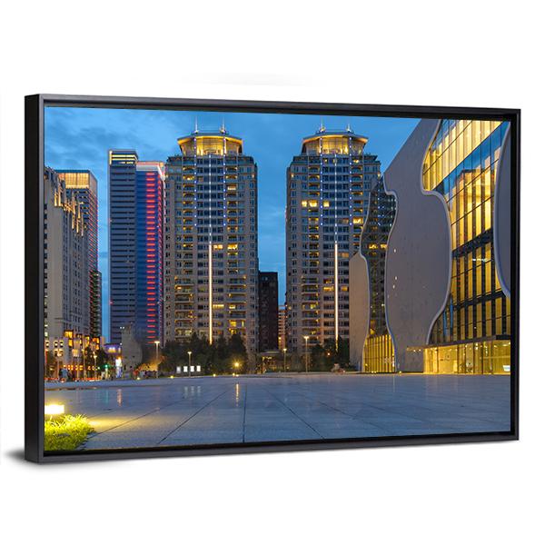 Skyline Of Taichung City In Taiwan At Night Canvas Wall Art-3 Horizontal-Gallery Wrap-25" x 16"-Tiaracle