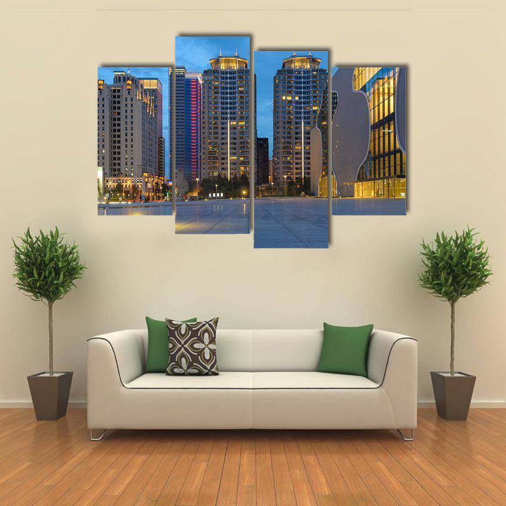 Skyline Of Taichung City In Taiwan At Night Canvas Wall Art-4 Pop-Gallery Wrap-50" x 32"-Tiaracle