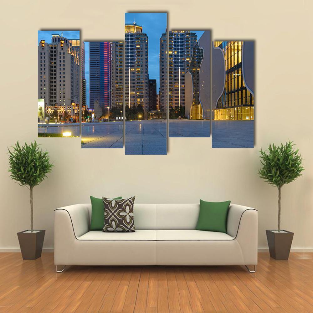 Skyline Of Taichung City In Taiwan At Night Canvas Wall Art-5 Pop-Gallery Wrap-47" x 32"-Tiaracle