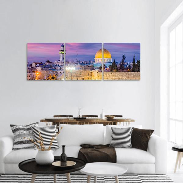 Al Aqsa Mosque Skyline at Dusk Panoramic Canvas Wall Art in gold, blue and purple, single panel hung on a wall