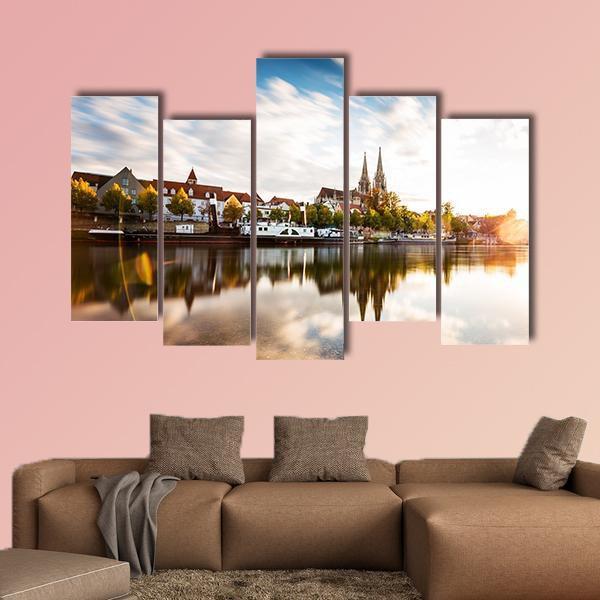 Skyline Of The City Regensburg At Sunset Canvas Wall Art-5 Pop-Gallery Wrap-47" x 32"-Tiaracle